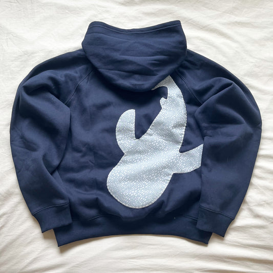 navy whale shark patchwork hoodie pre order